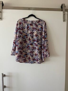 Violet & Claire Cream Blouse with Burgundy and Blue Floral Print